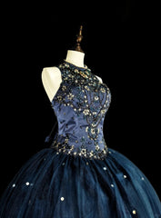 Modest Prom Dresses Ball Gown Navy Blue Tulle Sleeveless Sweet 16 Dress Formal Evening Outfits N3515
