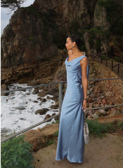 Simple Sheath Blue Backless Satin Long Prom Formal Dresses N2495