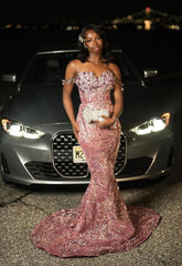Modest Mermaid Prom Dresses For Black Women Spaghetti Straps Pink Sequin Party Gown Birthday Gowns N1535