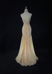 Vintage Prom Dresses Inspo Mermaid Spaghetti Strap Yellow Taffeta Long 1990s With Beading Formal Gowns N3328