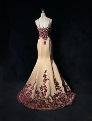 Princess Prom Dresses Mermaid Spagehtti Strap Champagne With Burgundy Embroidery Evening Long Dress N3291