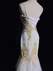 Vintage Prom Dresses Inspo Mermaid Spaghetti Strap White With Gold Lace For Women Formal Dress N3221