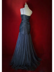 Elegant Prom Dresses Inspo Mermaid Spaghetti Strap Navy Blue Tulle With Ruffled For Women Formal Dress N3226