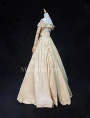 Vintage Prom Dresses 80s Ball Gown Off The Shoulder Champagne With Beading Evening Outfits N3468