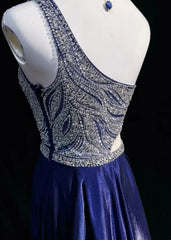 Simple Prom Dresses A line One Shoulder Royal Blue Floor Length Beaded Formal Evening Dress N3688