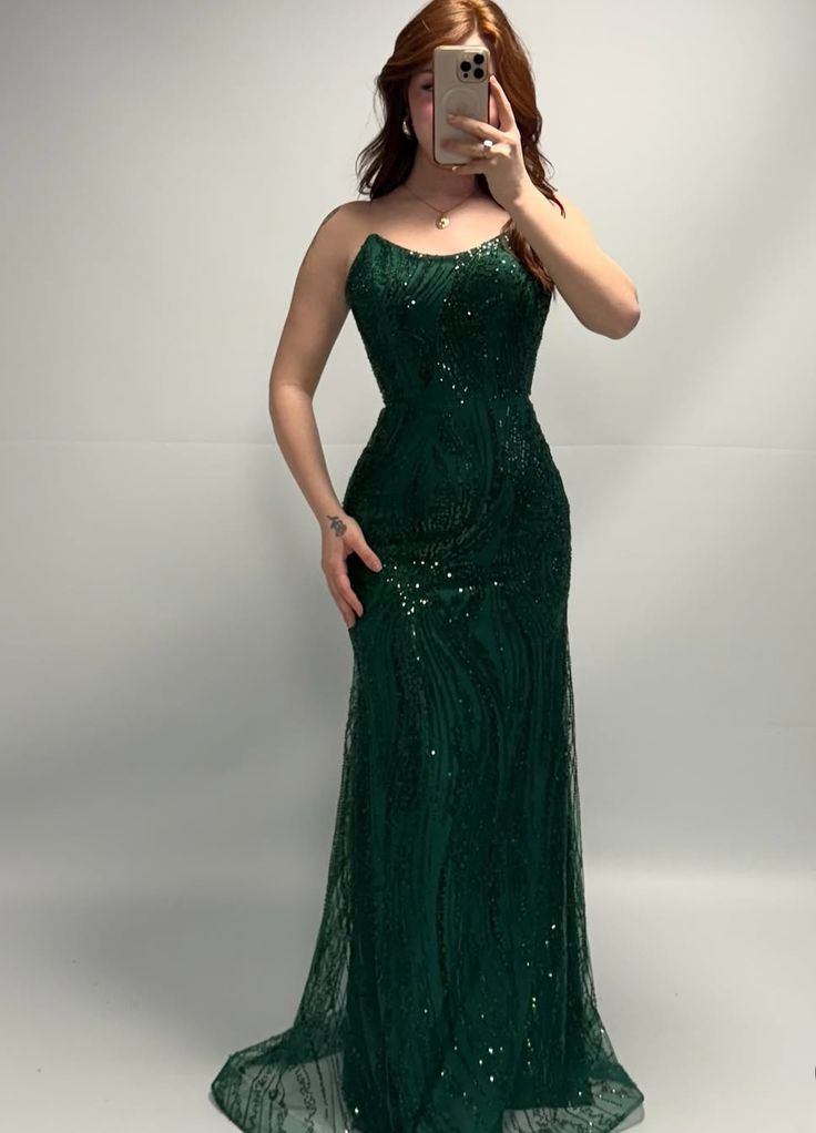 Modest Mermaid Strapless Dark Green Sequins Fashion Women Long Formal Outfits Prom Dresses N2111