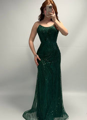 Modest Mermaid Strapless Dark Green Sequins Fashion Women Long Formal Outfits Prom Dresses N2111