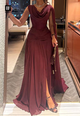 Scoop-Neck Off-Shoulder Sleeveless Pleated Chiffon Floor-Length A-Line Prom Dress N2354