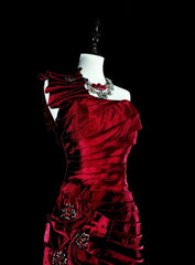 Vintage 1980s Mermaid One Shoulder Red With Pleated Ruffles Sleeveless Long Prom Formal Dresses N1602