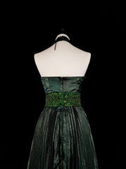 Vintage 1760s A Line Halter Dark Green Sleeveless Pleated Long Prom Dresses N1579