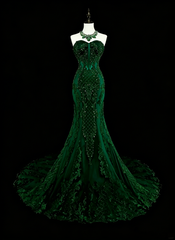 Vintage 1960s Mermaid Sweetheart Dark Green With Crystals Gems Sleeveless Long Prom Formal Dresses N1593
