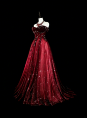 Off-Shoulder Sparkly A line Burgundy With Appliques Long Prom Dress Wine Red Party Dresses N1777
