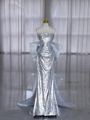 Chic Prom Dresses Mermaid Strapless Silver Gray Sequined With Folded Long Formal Gown N2940