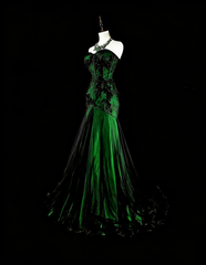 Modest Mermaid Sweetheart Black Tulle Green Satin With Appliques Long Prom Gown Party Wear Dresses N1848