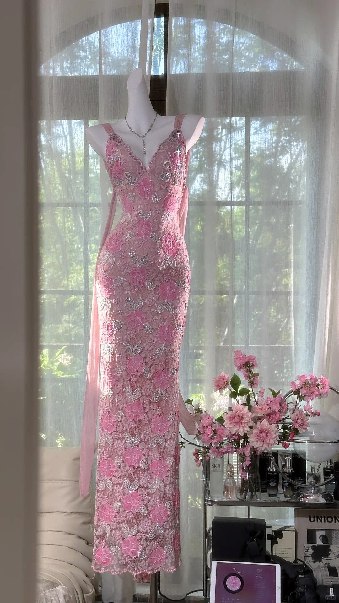 Modest Prom Dresses Mermaid Spaghetti Strap Pink Lace Sleeveless Backless Long Evening Outfits N3568