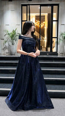 Elegant A line Off The Shoulder Navy Blue With Sleeves Winter Long Formal Ideas Prom Evening Dress Dinner Outfits Party Gowns For Women AB2033