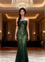 Vintage Halter Mermaid Long Prom Dresses Chiffon Beaded Dark Green Long Formal Dresses Graduation Dress N1617