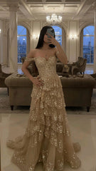 Modest A Line Prom Dresses For Women Sweetheart Off The Shoulder Gold Lace Party Gown N1543