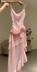 Elegant Pink Vintage Spaghetti Strap Long Chiffon Prom Dress Evening Dress Party Dress N1869
