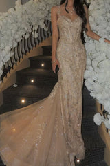 Chic Mermaid Spaghetti Strap Champagne Tulle Lace Sleeveless Long Party Formal Women Prom Dresses AB1891