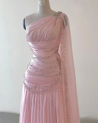 A Line One Shoulder Pink Chiffon Evening Gown Prom Dresses N2392