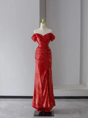 Glitter Prom Dresses Mermaid Off The Shoulder Red Sequined With Ruffle Long Formal Gown N2945