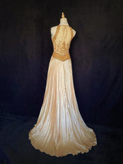 Vintage Prom Dresses 80s A Line Halter Sleeveless Gold With Beading Semi Formal Evening Outfits N3610