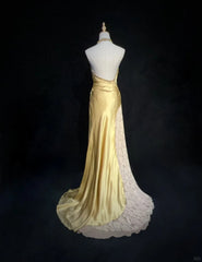 Modest Prom Dresses Mermaid Halter Gold Satin With Beading Lace Long Formal Evening Dress N3865