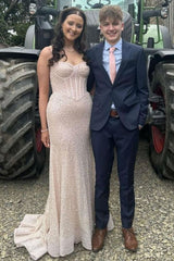 Shiny Blush Pink Sequins Mermaid Spaghetti Straps Long Beaded Prom Dress Party Gowns RB1672