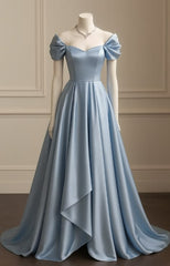 Women’s Powder Blue Off-Shoulder Satin Ball Gown Prom Gown Party Wear Fashion Dresses N1854