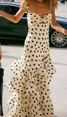 Strapless Mermaid Long Prom Dresses Dots Ruffle Sleeveless Party Dress AB1761
