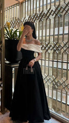 Women's Cocktail Party Gowns Satin A-line Celebrity Dress Black Off-the-shoulder Prom Dresses Online AB1866