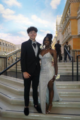 Modest Senior Prom Dresses High Schools Inspiration Mermaid Sweetheart Silver Slit Semi Formal Grad Long Prom Dress For Teens AB2156