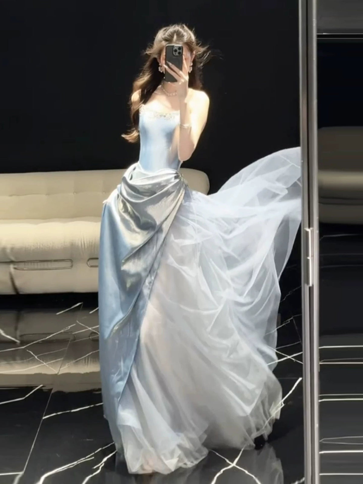 Glittery A Line Strapless Light Blue Sleeveless Prom Dresses Inspiration Long Night Outfits Birthday Outfits AB2215