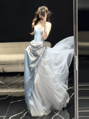 Glittery A Line Strapless Light Blue Sleeveless Prom Dresses Inspiration Long Night Outfits Birthday Outfits AB2215