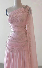 A Line One Shoulder Pink Chiffon Evening Gown Prom Dresses N2392