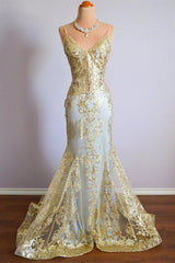 Classy Mermaid Spaghetti Straps Gold Sequin Inspo For Black Women Girls Formal Party Gowns Long Prom Dresses AB1779