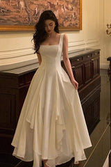 Gorgeous A Line Square Neckline Sleeveless White Date Night Dress Prom Dresses Birthday Outfits AB1915