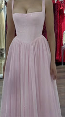Chic A line Square Neck Pink Tulle Spring Formal Dress Long Prom Dresses N2670