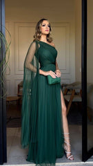 Women's Cocktail Party Gowns A line One Shoulder Dark Green Tulle With Slit Pleated Long Graduation Dinner Outfit Prom Dresses AB1894