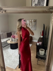 Sexy Mermaid High Neck Burgundy Satin Formal Dress Long Prom Dresses N2691