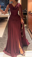 Scoop-Neck Off-Shoulder Sleeveless Pleated Chiffon Floor-Length A-Line Prom Dress N2354
