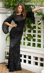 Sheer-Back Beaded Formal Dress with Sleeves 9713