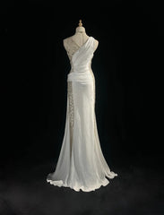 Modest Prom Dresses Mermaid V Neck White Satin Sleeveless With Ruffled Formal Evening Dress N3824