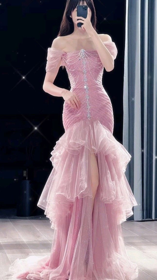Chic Mermaid Off The Shoulder Pink With Split Spring Formal Dress Long Prom Dresses N2676