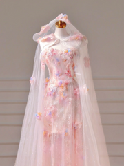Modest Prom Dresses Aesthetic A Line Strapless Pink Lace Tulle Inspiration Impress With Cape Long Party Formal Gown For Teenagers High Schools AQ006