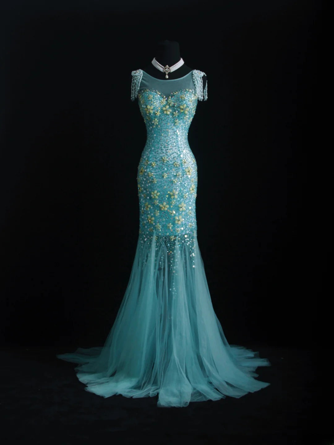 Vintage Prom Dresses 90s Formal Mermaid Scoop Neck Blue Tulle Long Party Gowns Prom Dresses AS010