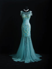 Vintage Prom Dresses 90s Formal Mermaid Scoop Neck Blue Tulle Long Party Gowns Prom Dresses AS010