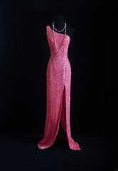 Vintage Prom Dresses 90s Formal Sheath One Shoulder Pink Sequins Long Party Gowns Prom Dresses AS012