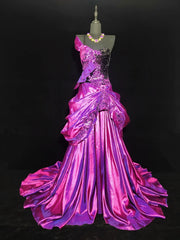 Modest A Line One Shoulder Hot Pink Satin Sleeveless Long Prom Dresses High School Senior Graduation Dance Party Outfits AS013